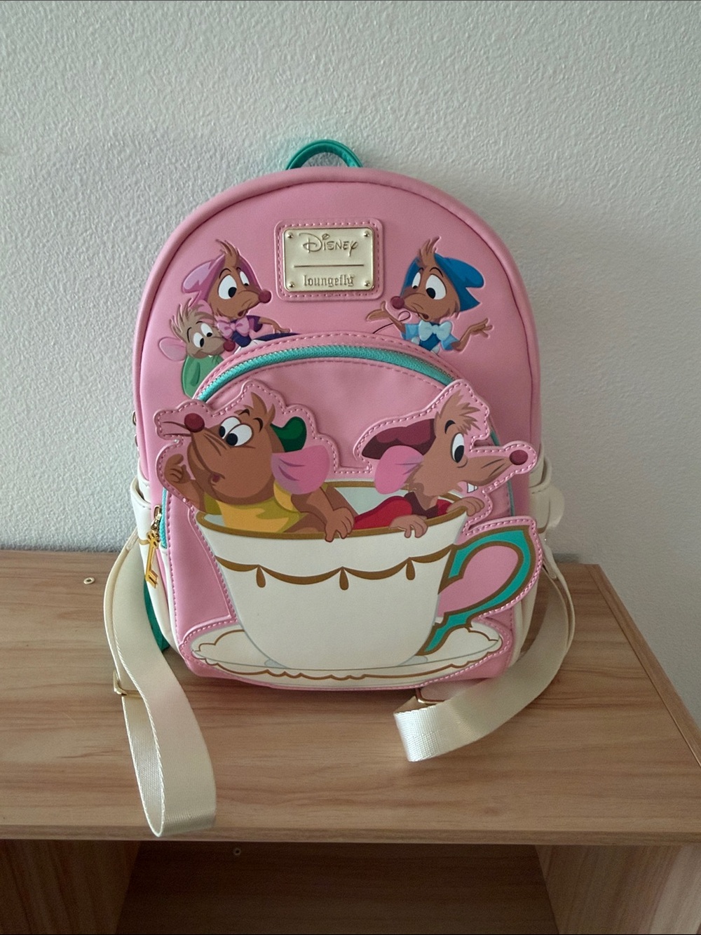 Loungefly Pink Tea Cup Cinderella Mini Backpack with Cream Straps